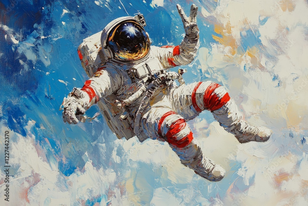 Poster astronaut floating in space with a peace sign against a vibrant blue backdrop of clouds