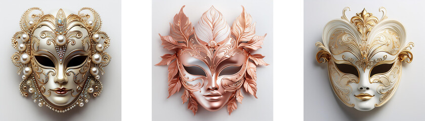 Three ornate Venetian-style masks in varying pastel colors.  Each mask features intricate detailing and a unique design.