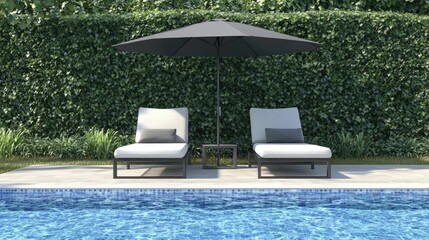 Fototapeta premium Realistic Mockup of a Black Umbrella Next to Two Sun Loungers by a Swimming Pool Surrounded by Lush Greenery and Clear Water