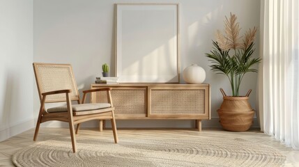 Modern minimalist living room featuring natural decor, sunlight, and a serene atmosphere