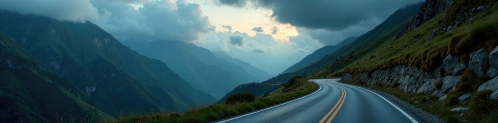Sombre route sinueuse dans une vall?e montagneuse avec un ciel orageux, stormy sky, winding road