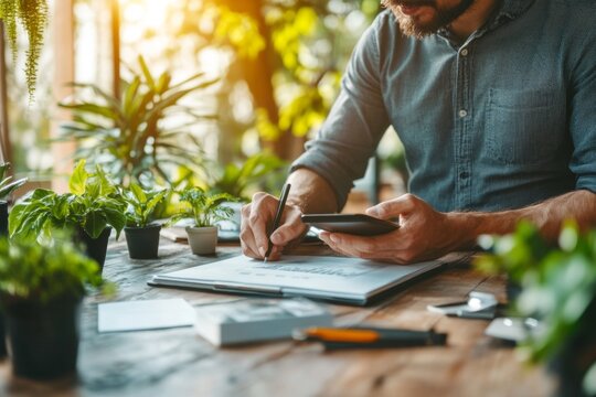 A landscaper writing up an estimate for a backyard design project, with a client standing nearby holding a tablet displaying 3D renderings
