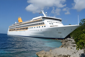 Cruise ship Chantilly Riviera docked near blue water in sunny surroundings