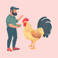 male farmer with feeding hen vector illustration
