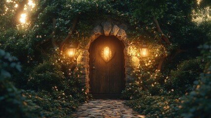 Enchanting Wooden Door Framed by Lush Greenery and Soft Oak Lighting in a Serene Forest at Sunset