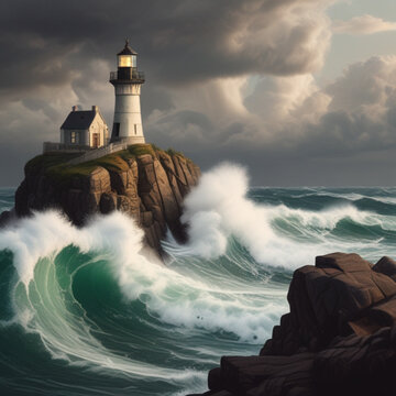 A quaint lighthouse standing tall on a rocky cliff, overlooking a stormy sea with crashing waves.