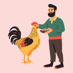 male farmer with feeding hen vector illustration