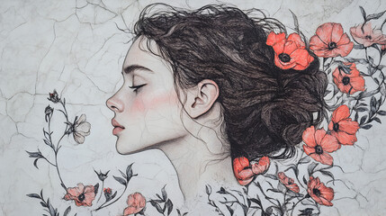 and artistic portrait of a girl’s face fading into the petals of a sunflower, symbolizing warmth, optimism, and a natural radiance 