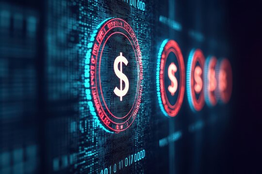 Economic symbols, dollar and euro icons with glitch effects, neon blue and red, sci-fi digital art, symbolizing instability - Powered by Adobe