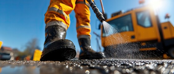 A worker in protective gear uses a pressure washer on a surface, with a yellow vehicle in the background and clear blue skies overhead.