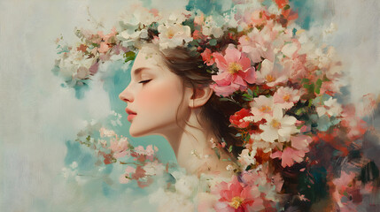 and artistic portrait of a girl’s face fading into the petals of a sunflower, symbolizing warmth, optimism, and a natural radiance 