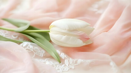 Naklejka premium Single white tulip with pink edges on a lace tablecloth, photography
