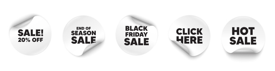 Sale sticker tag. Season sale, Black friday paper price banners. Sale 20 percent off discount. Promotion price offer sign. Retail badge symbol. Click here sticker. Vector