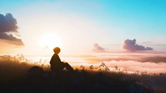 Silhouette of a Man Watching Sunrise Above the Clouds - made with Generative AI