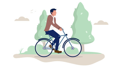 Man biking outdoors - Male person riding and using bicycle in casual clothes smiling, cycling and enjoying fresh air, relaxed and calm. Flat design vector illustration on white background