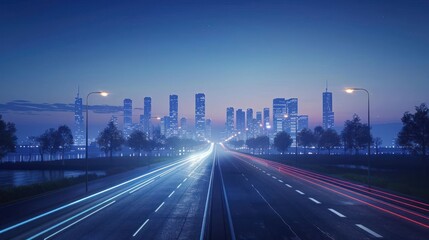 Fototapeta premium City skyline at dusk with illuminated skyscrapers and light trails on a highway