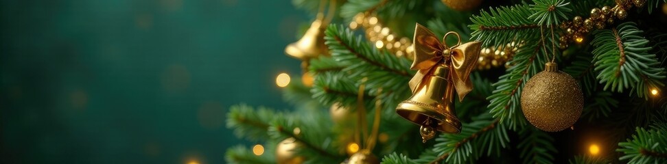 A bundle of golden Christmas bells wrapped around a towering evergreen tree, evergreen tree, , garlands