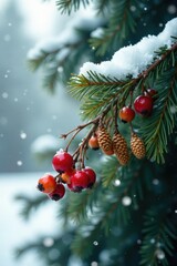 Obraz premium A branch laden with colorful berries and golden pinecones under a snow-laden tree, spruce, fir