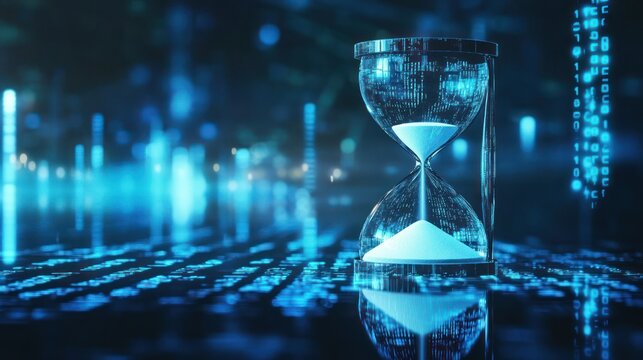 Digital Hourglass on Binary Code Background