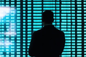 Data analyst silhouette with floating holograms of stock trends, vibrant neon tones, cyberpunk aesthetic, intense contrast