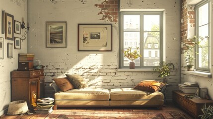 Cozy living room with sunlight streaming through windows, showcasing vintage decor and plants