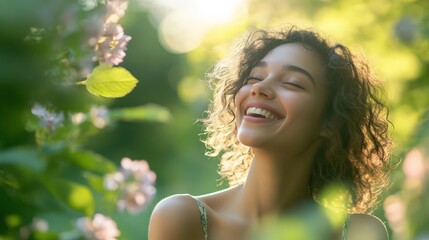 Joyful woman smiling among colorful flowers in a sunny garden. Nature brings happiness and peace, creating a beautiful moment.
