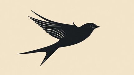 Fototapeta premium Silhouette of a flying bird displaying graceful wings in a minimalist design on a light background. Generative AI