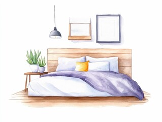 A cozy and inviting watercolor style bedroom featuring a platform bed with soft  luxurious linens  a wood paneled accent wall  and a warm  minimalist atmosphere that exudes tranquility and comfort