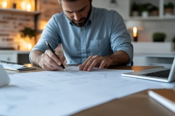 This image features an architect in deep concentration as he sketches detailed building plans on large sheets of paper, embodying the essence of creativity and design.