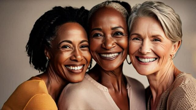Group of mature women smiling for skincare and anti-aging beauty, diversity and wellness in studio portrait, celebrating femininity and Women's Day