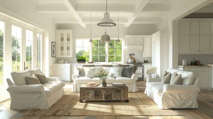Fototapeta premium Bright and airy living room with white sofas, wooden flooring, and a view of nature outside