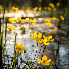 Wild yellow blossoms flourishing in wetland ecosystem.