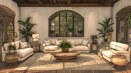 Cozy living room with white sofas, wooden accents, and lush plants creating a serene atmosphere