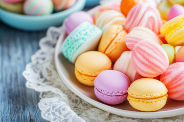 Fototapeta premium Colorful Assortment of Macarons and Sweet Treats on a Decorative Plate