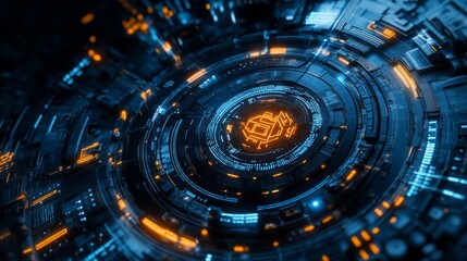 Futuristic glowing interface with blue and orange circuitry