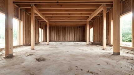 The interior of a newly framed house reveals a sandy floor and exposed wooden beams and supports, showcasing the early stages of construction.