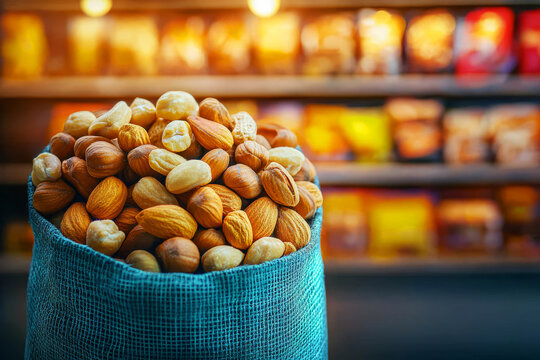 Fresh Variety of Mixed Nuts in Jute Bag with Colorful Background Display in Market Setting