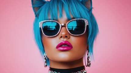 Fashion hair cut unique concept. Futuristic Female Fashion Portrait with Bold Blue Hair and Pink Lips