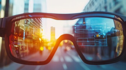 Augmented reality glasses in urban setting reflecting digital interface