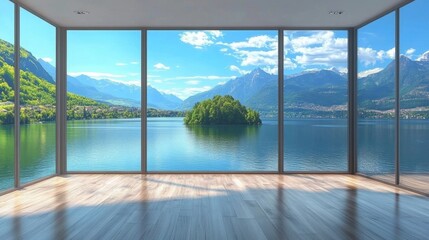 Bright and Spacious Room with Large Windows Offering Stunning View of Calm Lake and Majestic Mountains Under Clear Blue Sky