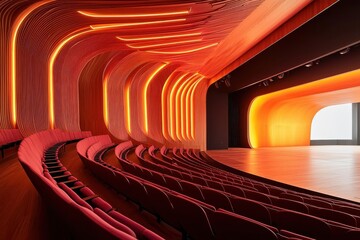 Modern auditorium with vibrant lighting and comfortable seating.