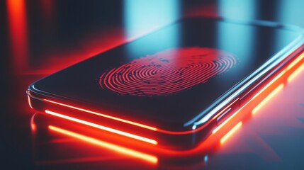 Futuristic smartphone with glowing red fingerprint scanner in dark setting