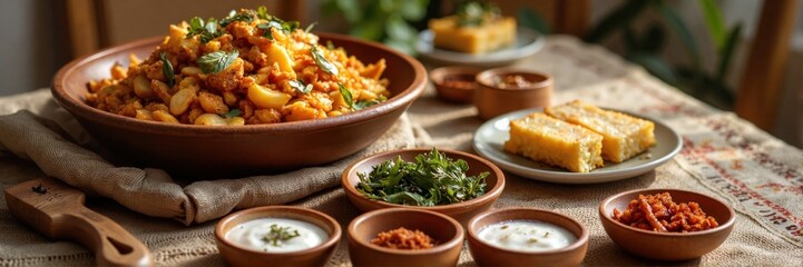 Traditional Indian meal with spices and sauces on rustic table