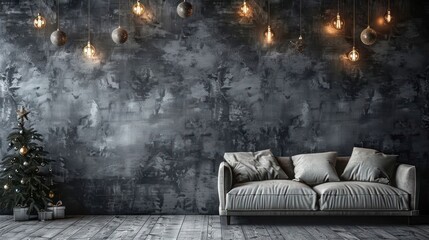 Cozy living room with a decorated Christmas tree and stylish sofa against a dark wall backdrop