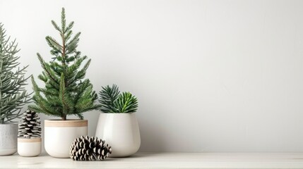 Fototapeta premium A serene arrangement of potted evergreen plants and pinecones on a minimalist shelf