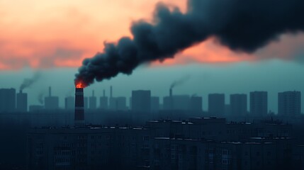 Obraz premium Dark smoke billows from a factory chimney against a hazy city skyline during sunset, highlighting urban pollution and environmental concerns.
