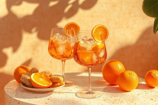 Refreshing aperol spritz cocktails with oranges on sunny patio