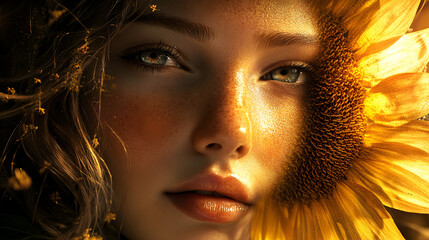 and artistic portrait of a girl’s face fading into the petals of a sunflower, symbolizing warmth, optimism, and a natural radiance 