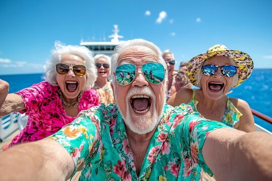 A jubilant group of seniors on a cruise ship. Generative AI