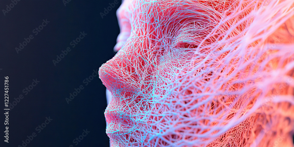 Poster three-dimensional render of face in interconnected network structure